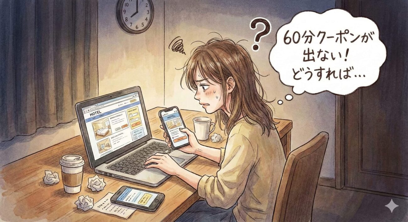 一休60分クーポンが出なくて困っている様子のイラスト