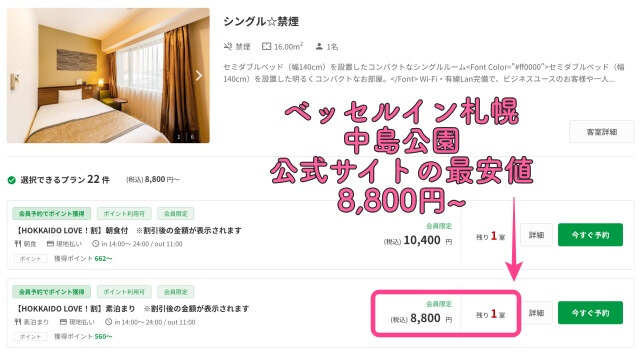 ベッセルイン札幌の同客室タイプ・最安値価格は￥8,800と表示されている表示画面：ベッセルイン札幌公式サイトより画像引用