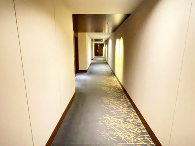エレベーターから客室へ向かう通路を撮影した画像