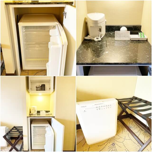 ツインルーム・客室の冷蔵庫・ポット・バゲージラック・空気清浄機を撮影した画像