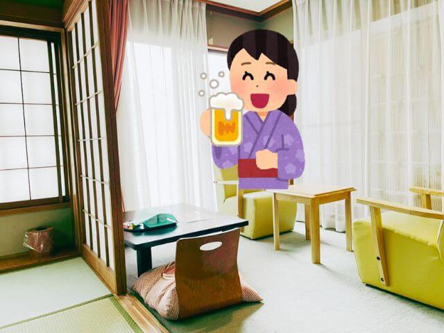 源泉掛け流し温泉を堪能したあと松川館の客室でビールを飲む過ごし方を視覚化した手作り画像