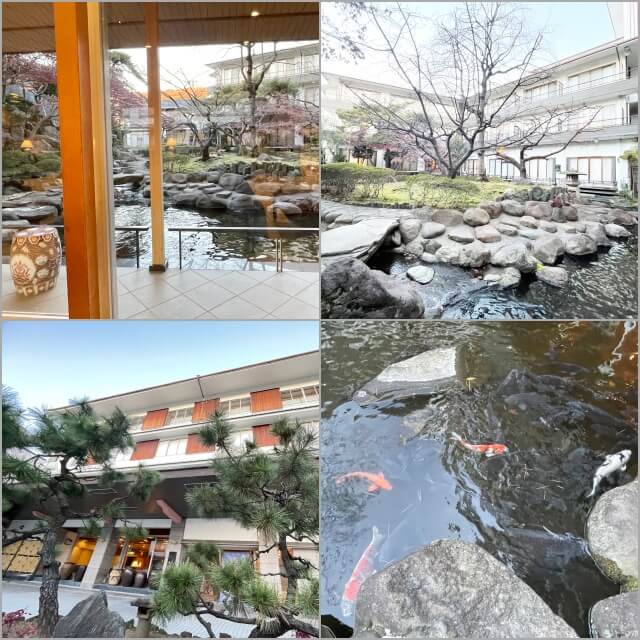 伊東園ホテル松川館・中庭を散策した時の松・紅葉・石組み・池の鯉を撮影した4枚の画像