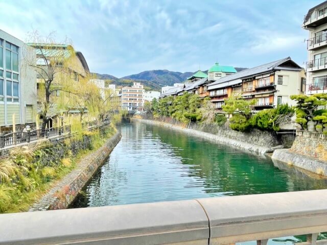 「松川遊歩道」と「東海館」柳の美しさと共に撮影した画像