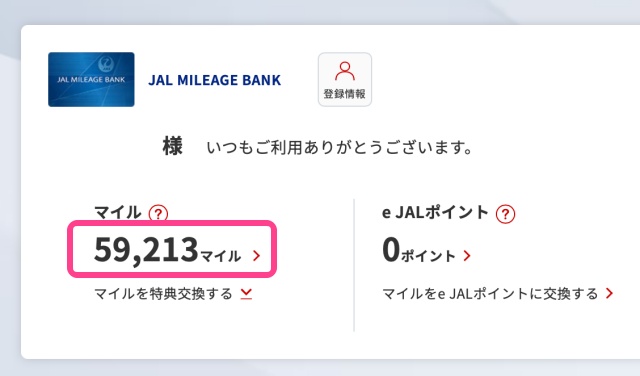 59,213マイルの実績記録（2024年10月）マイページより撮影した画像